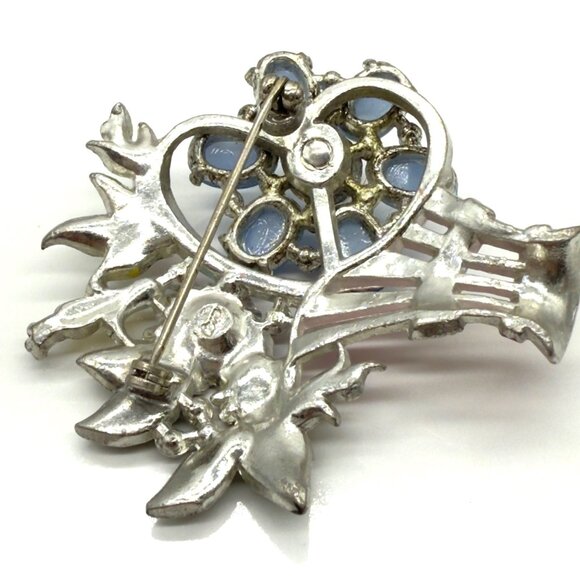 Vintage 1940's CORO Blue Glass Cabochons Enamel Rhinestone Flower Basket Brooch - Picture 9 of 10